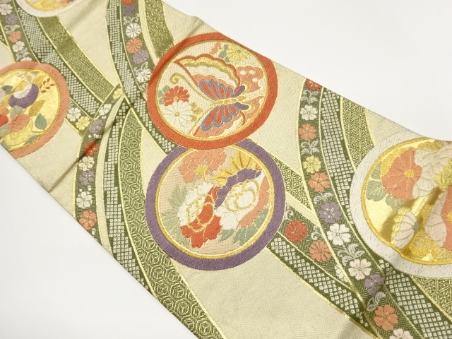 佐賀錦蝶に花々・丸文・曲線模様織出し袋帯